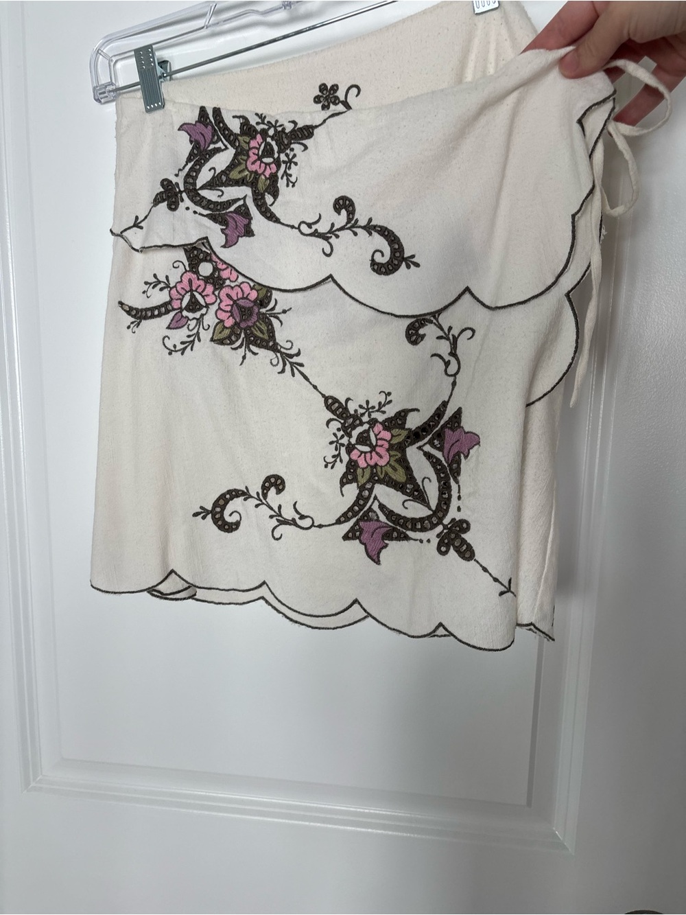 Anthropologie Cream Wrap Skirt with Pink & Olive Embroidery - Picture 2 of 3